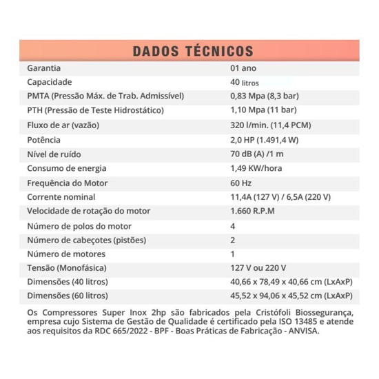 Compressor de Ar Odontológico 40L Super Inox 2hp Cristófoli